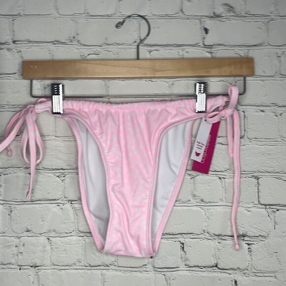 Pink and White Juniors Bikini Bottom side tie high leg scoop waist size large - Picture 1 of 5